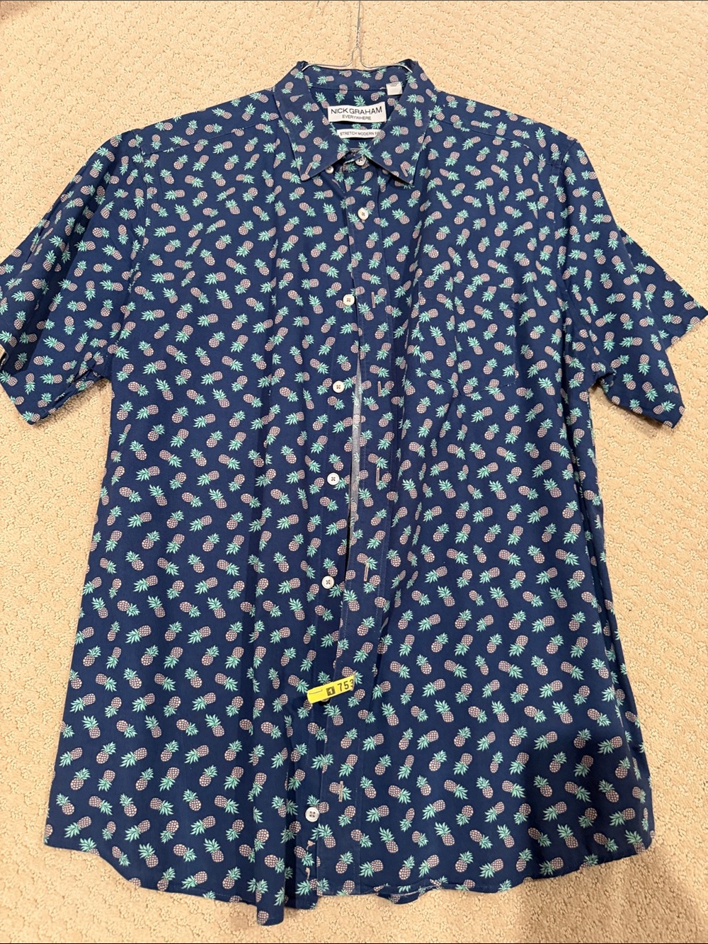 Nick Graham Navy Pineapple Print Short-Sleeve Dress Shirt